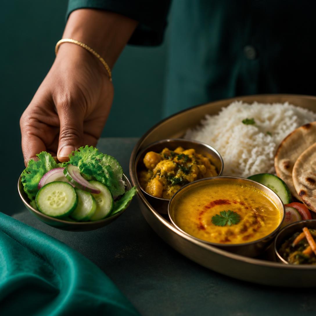 A hand placing salad beside an Indian meal before eating